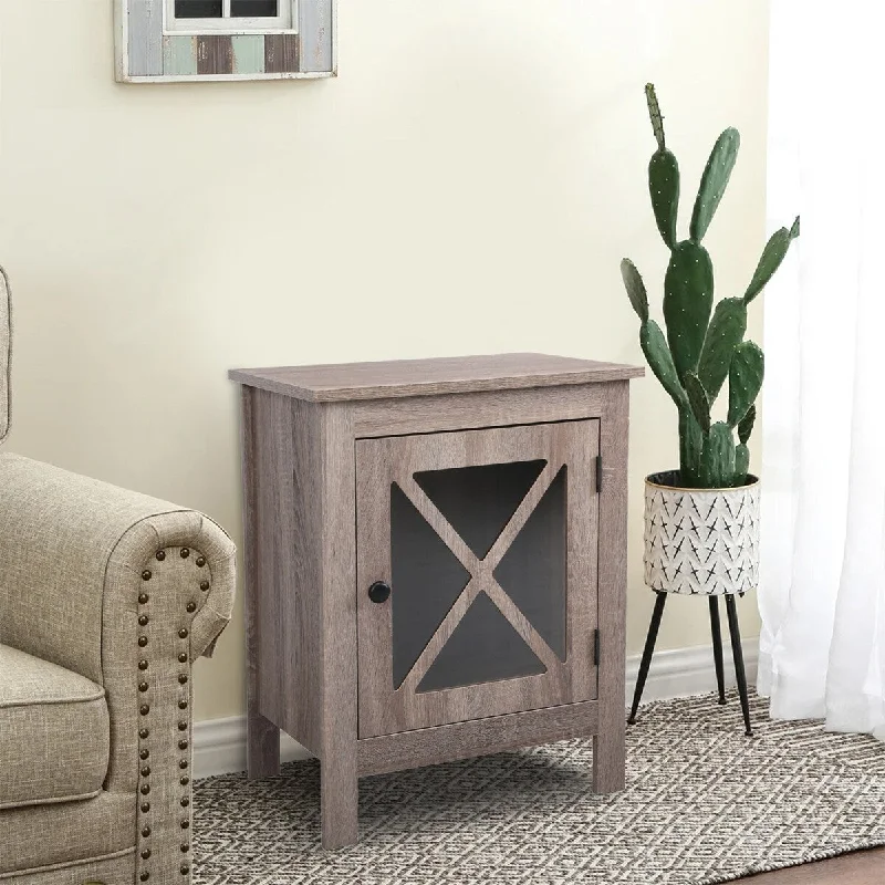 Farmhouse Style Wood Nightstand with X-Shaped Glass Door