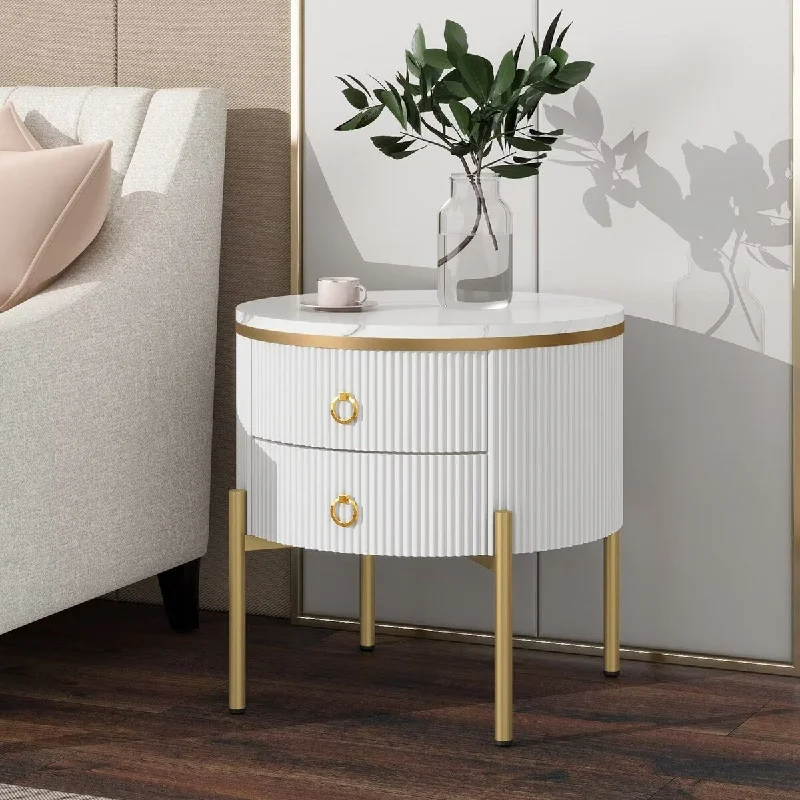 Fluted Nightstand with High Gloss Faux Marble Tabletop,with Metal Legs