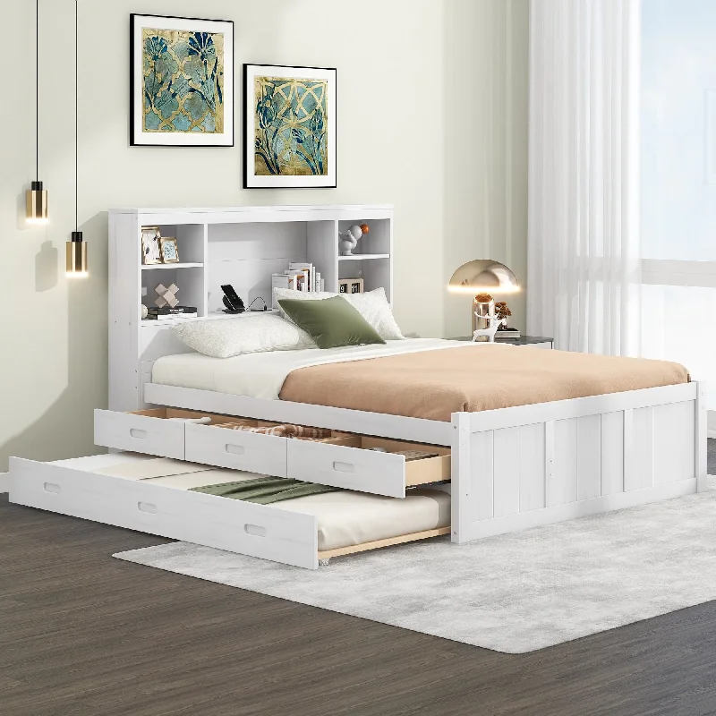 Full Platform Bed Multifunctional Bed Frame with Under-bed Storage Drawers & Twin Size Trundle, Headboard with 5 Shelf & Socket