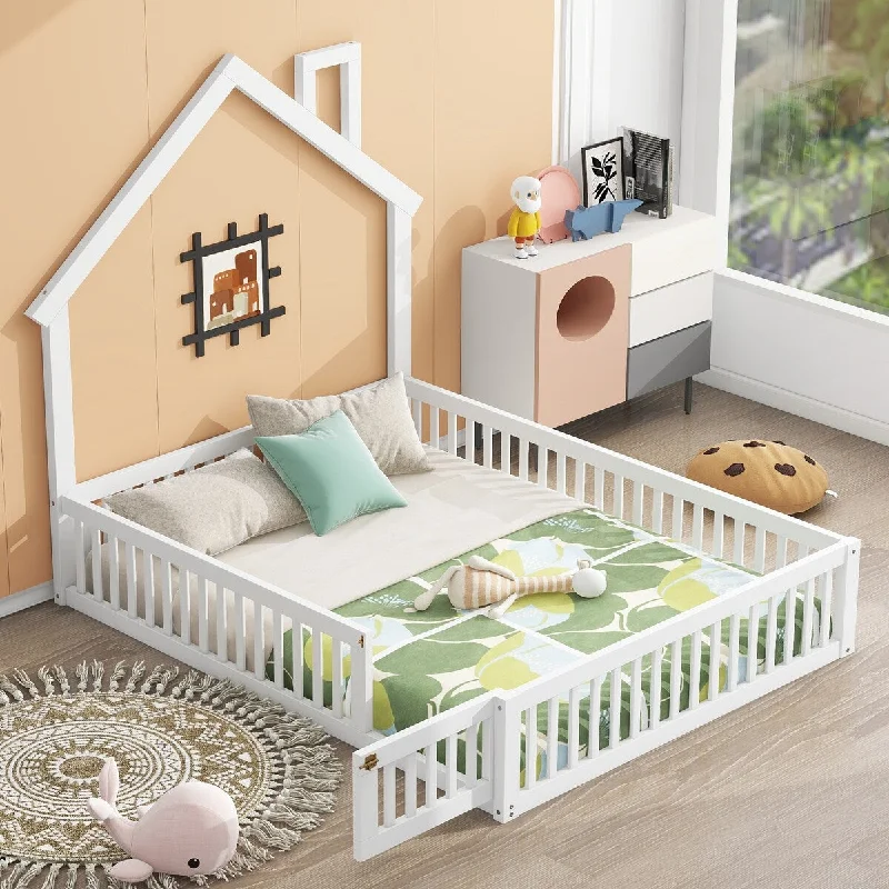 Full Size House Floor Bed with Fence Guardrails, Solid Wood Montessori Bed Platform Bed with House-Shaped Headboard and Door