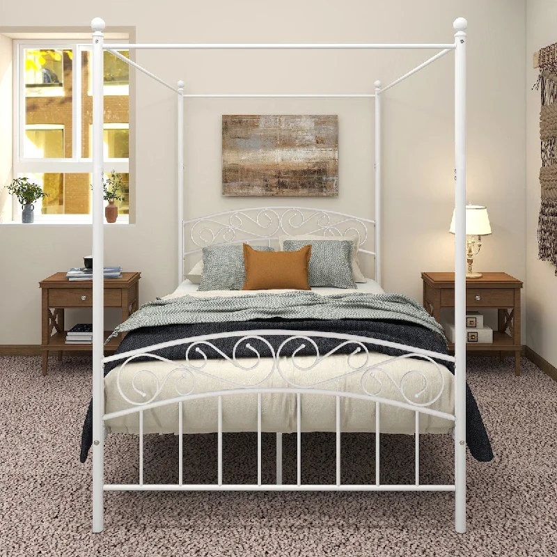 Full Size Metal Canopy Bed Frame with Ornate European Style Headboard and Footboard