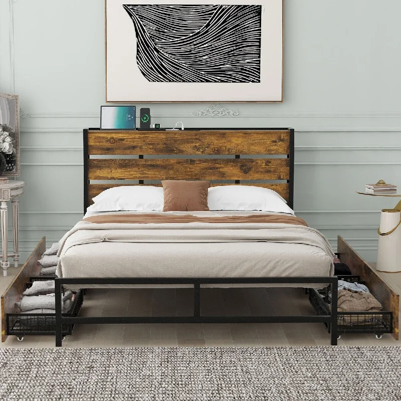 Full Size Metal Platform Bed with 4 Storage Drawers, Sockets, USB Ports Metal Bed Frame with Wooden Headboard & Footboard