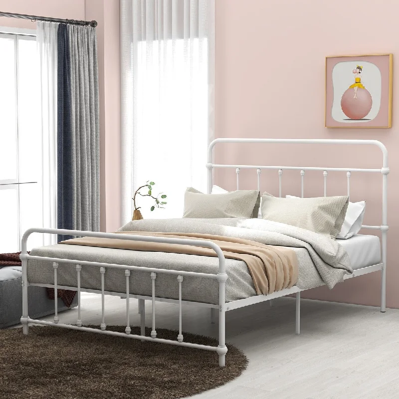 Full Size Metal Platform Bed with Headboard and Footboard, 77.3"L x 56"W x 46.2"H, White