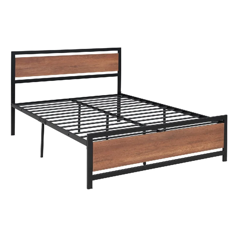 Full Size Platform Bed, Metal and Wood Bed Frame with Headboard and Footboard, No Box Spring Needed, Under Bed Storage, Black