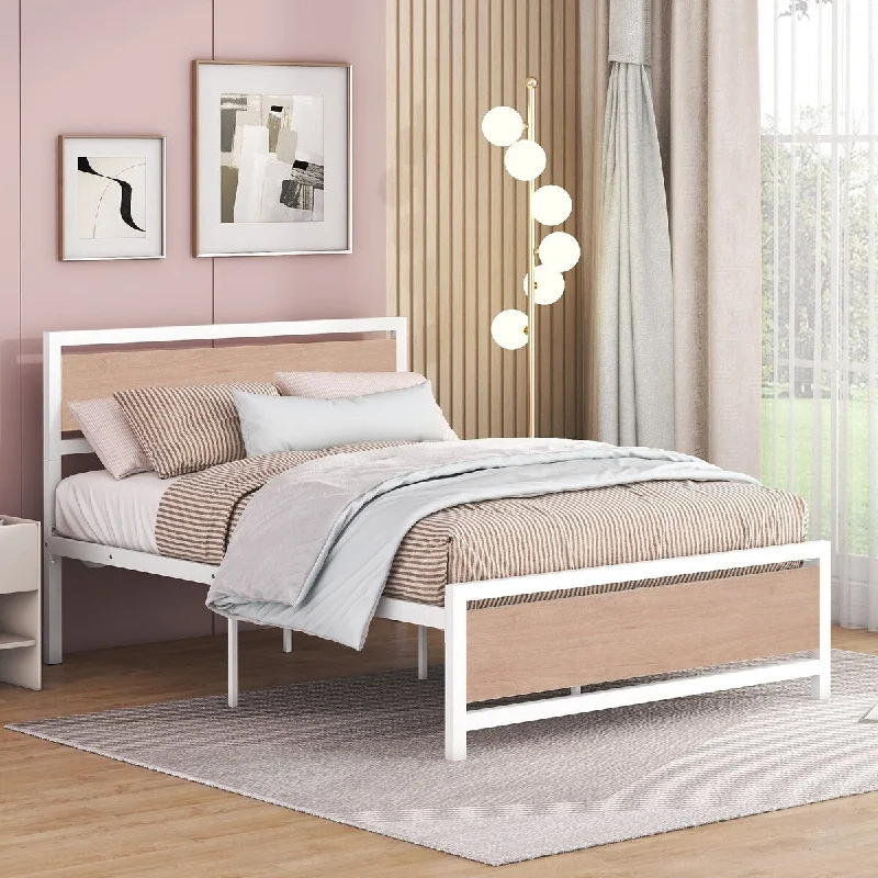 Full Size Platform Bed, Metal and Wood Bed Frame with Headboard and Footboard, No Box Spring Needed, Under Bed Storage, White