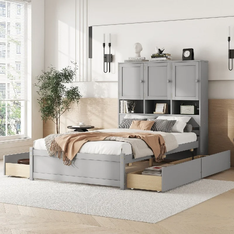 Full Size Platform Bed with Storage Headboard and 4 Drawers - Gray Finish