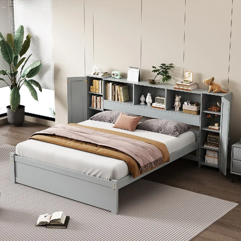 Full Size Platform Bed with Storage Headboard and Lockers