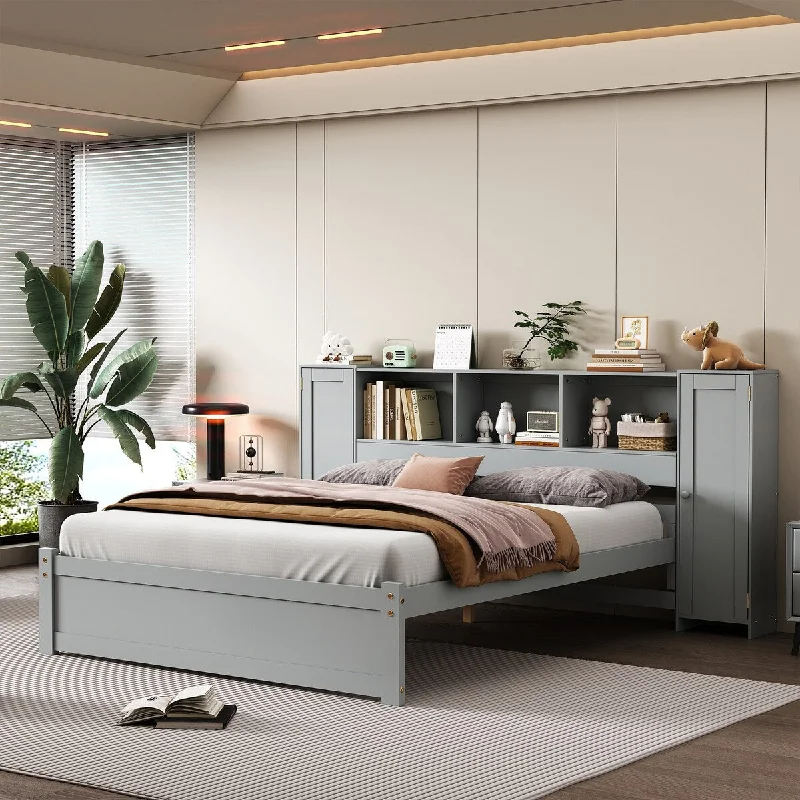 Full Size Platform Bed with Storage Headboard & Lockers - Gray