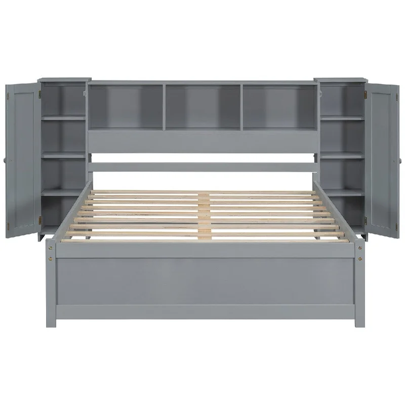 Full Size Platform Bed with Storage Headboard & Lockers - White