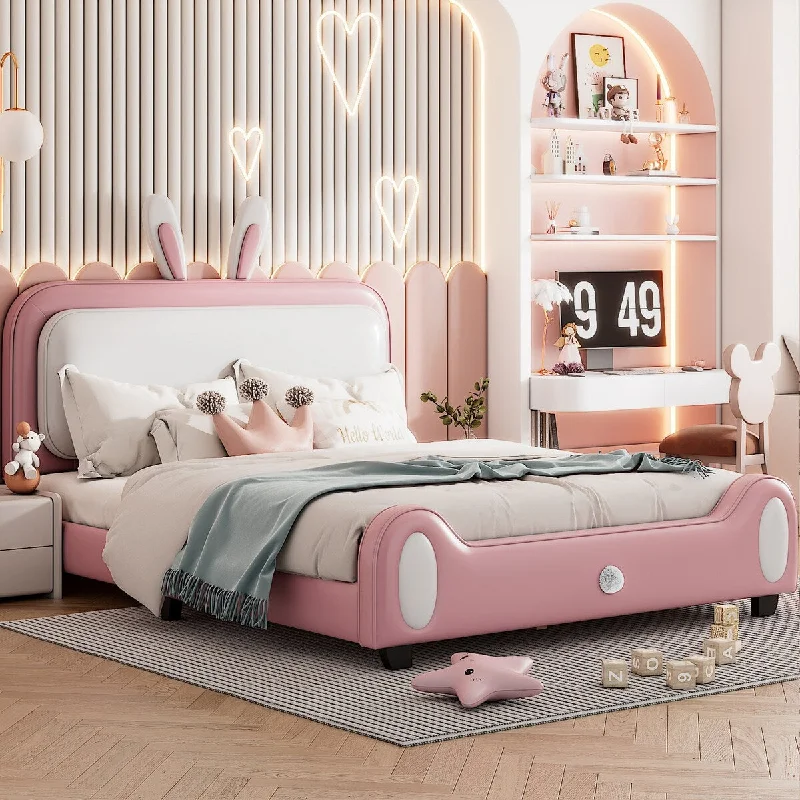 Full Size Rabbit-Shape Headboard Upholstered Princess Kids Bed, Pink