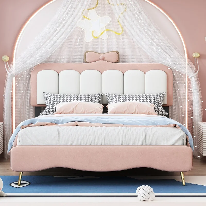 Full Size Upholstered Bed Lovely Girls Platform Bed Soft Velvet Fabric Bed Frame with Bow-Knot Headboard (No Box Spring Needed)