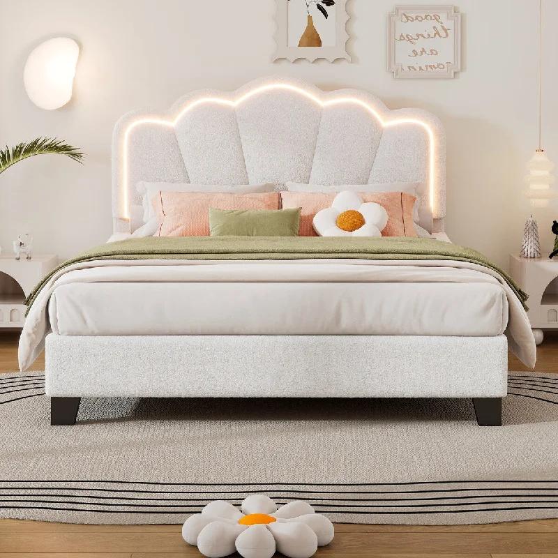 Full Size Upholstered Flower-Shape Bed, Elegant Flowers Headboard with LED Light Strip, Sherpa Fabric Platform Bed