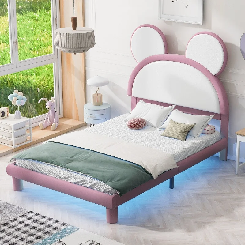 Full Size Upholstered Platform Bed with Cartoon Ears Shaped Headboard and LED, White&Pink