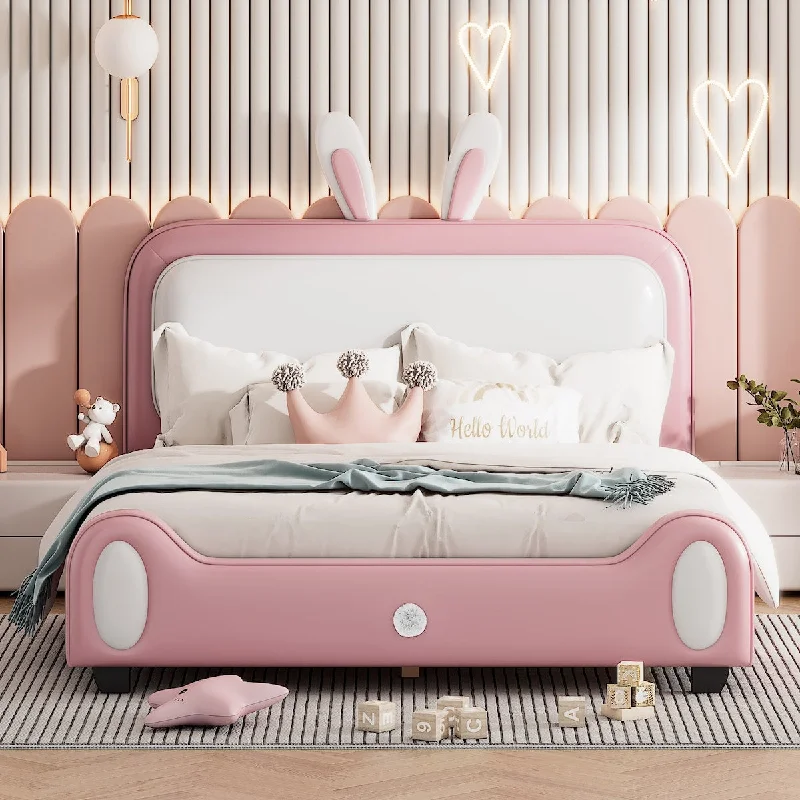 Full Size Upholstered Rabbit-Shape Princess Bed, Platform Bed with Headboard and Footboard