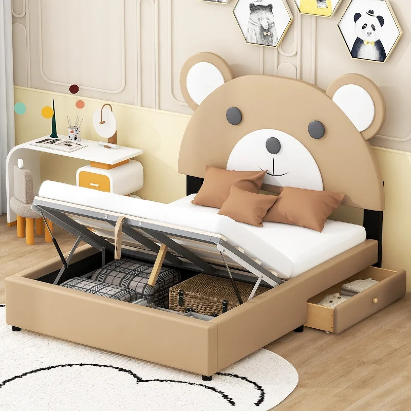 Full Size Upholstery Platform Bed Frame with Cute Bear Shaped Headboard and Two Storage Drawers,Brown