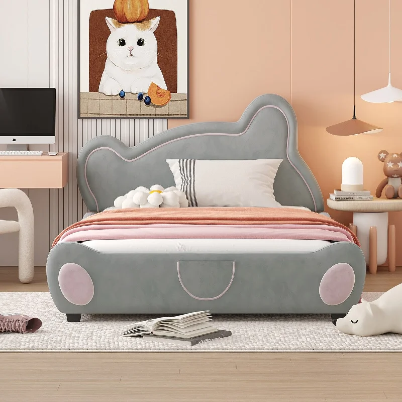 Full Size Velvet Platform Bed Kids Bed with Bear-Shaped Headboard with Bed-End Storage Pocket, Gray