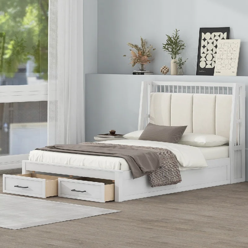 Full Size Wood Platform Bed with Upholstered Headboard & 2 Drawers - White