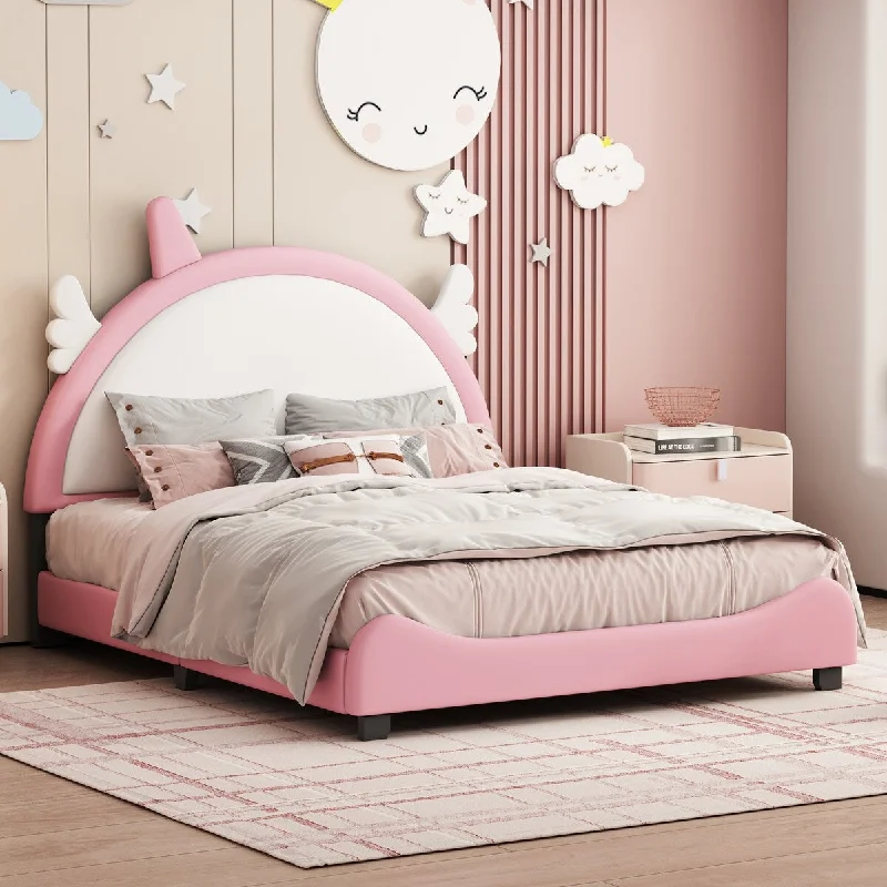 Full Upholstered Bed with Unicorn Headboard - Pink and White