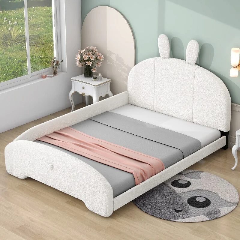 Full Upholstered Platform Bed with Cartoon Ears Headboard - Adorable, Low-Profile Silhouette