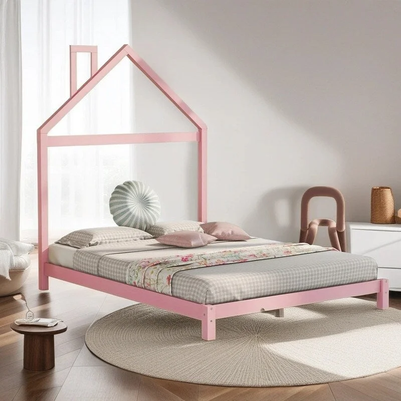 Funny Design Kids Bed Full Size Wood Platform Bed with House-shaped Headboard Soild Wood Kids Furniture, Pink