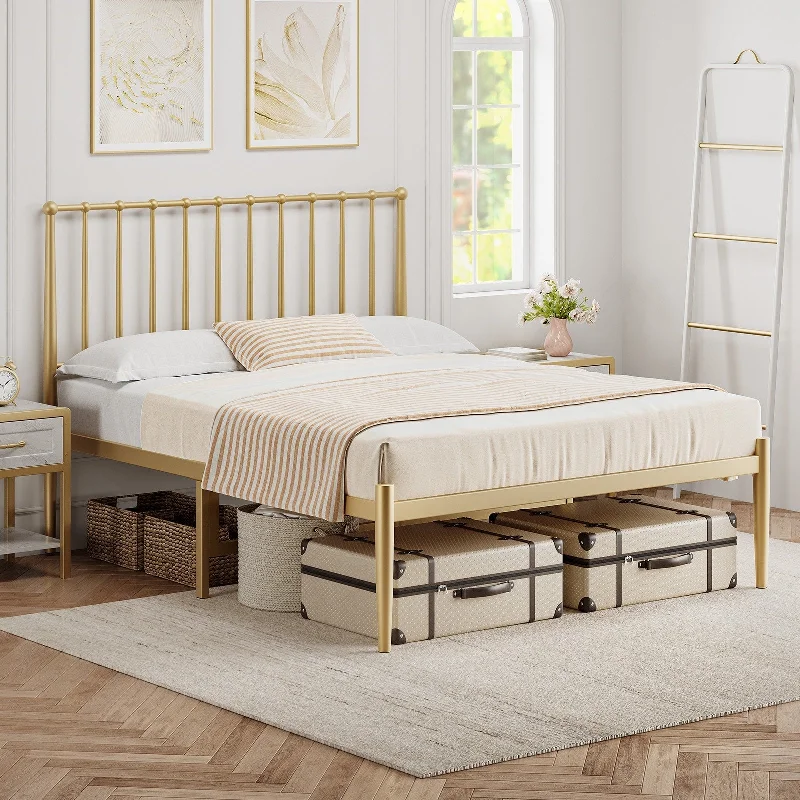 Gold Bed Frame with Metal Headboard and Footboard