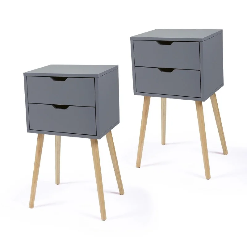 Gray Set of 2 Nightstands with 2 Storage Drawers - Anti-Slip Foot Pads - Modern Simple Design