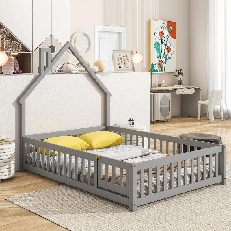 Grey Full Size House-Shaped Headboard Floor Bed with Fence,