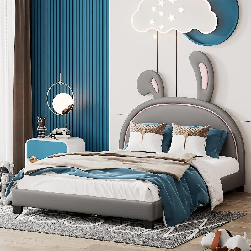 Grey Full Size Upholstered Leather Platform Bed Frame with Rabbit Ornament Headboard and Slats Support for Kids, Teens