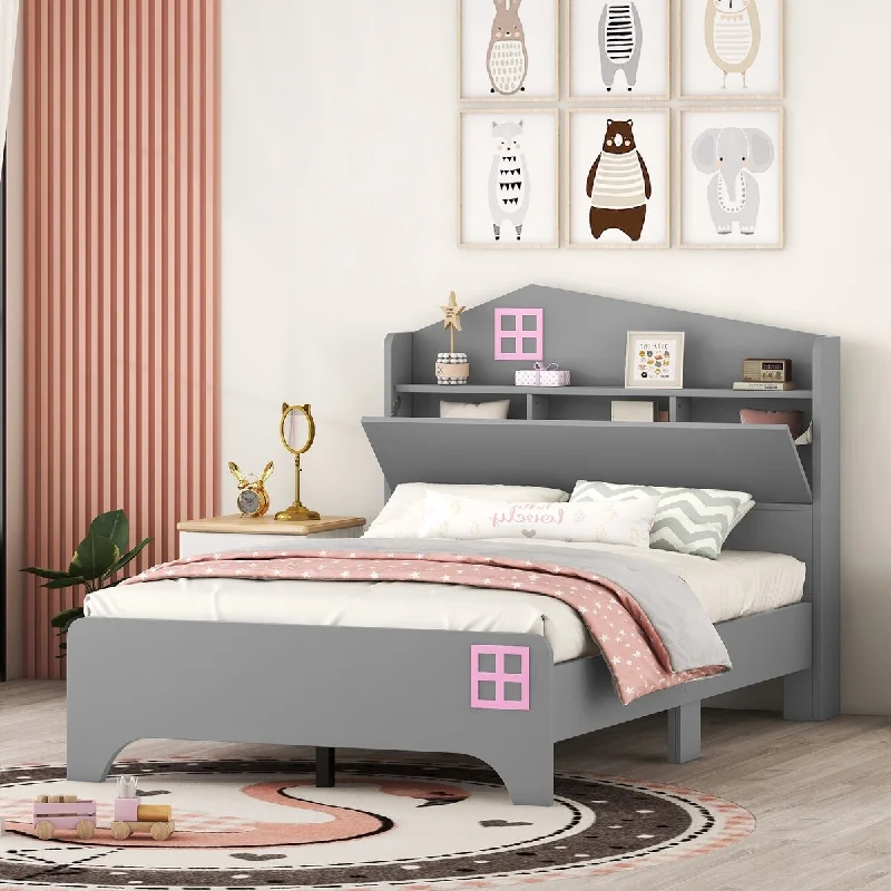 Grey Full SizeWooden / House Bed with Storage Headboard for Kids, Sturdy Plywood and Particle Board Construction