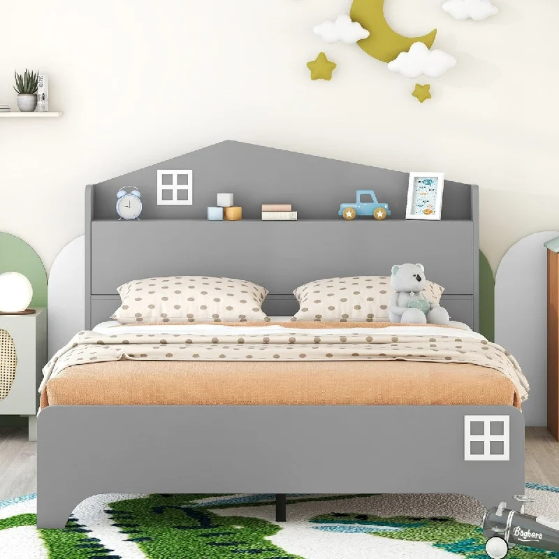 Grey Kids Platform Bed with Storage Shelf, Wooden Twin Size Storage Bed with House-Shaped Headboard Beds for Boys Girls