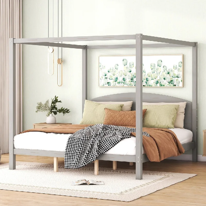 Grey King Size / Canopy Platform Bed with Headboard and Support Legs, /