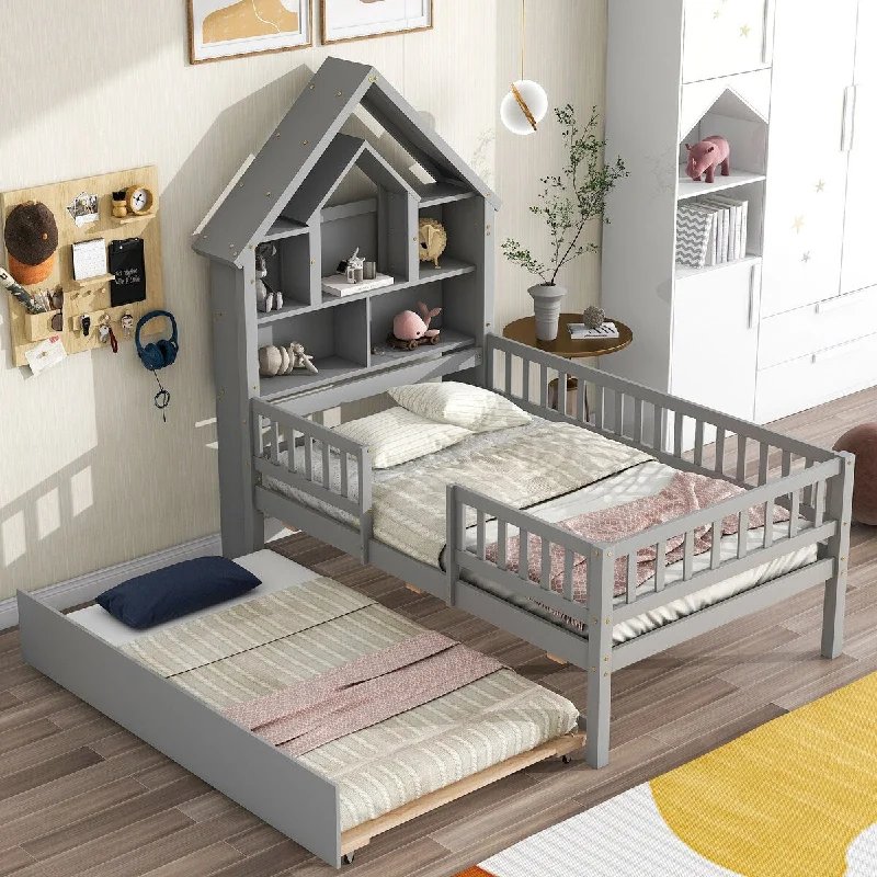 Grey Twin Size Pine Wood Platform Bed with House-Shaped Headboard and Pull-Out Trundle, Built-in Shelves and Fence Guardrails