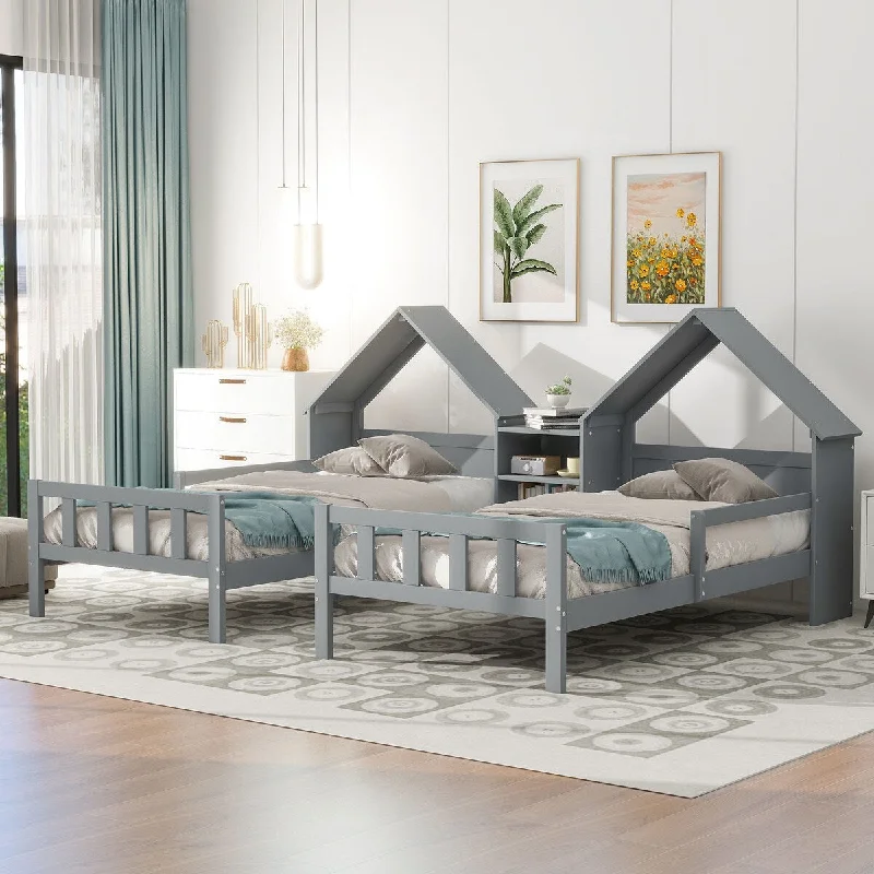 Grey Twin Size Platform Bed with House Headboard and Nightstand - Sturdy Pine