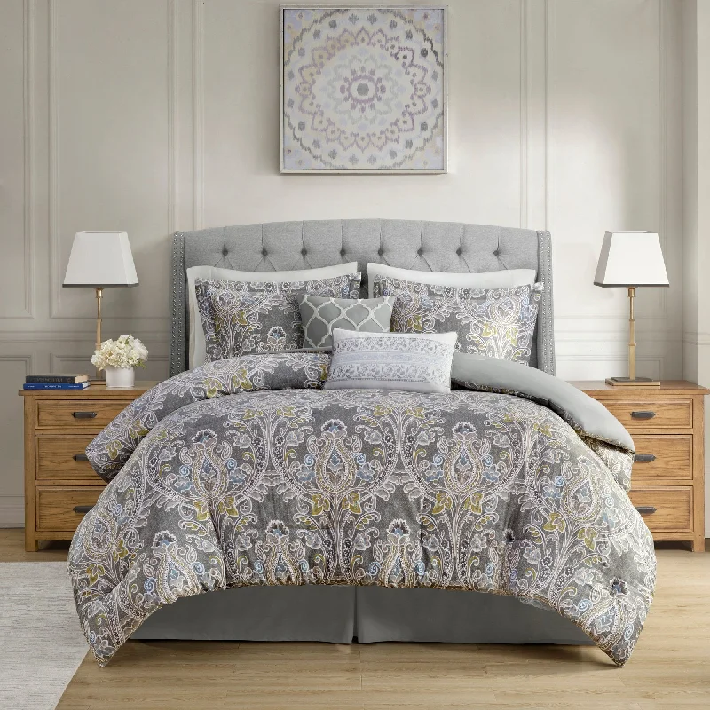 Harbor House Hallie 6-piece Grey Damask Pattern Cotton Comforter Set