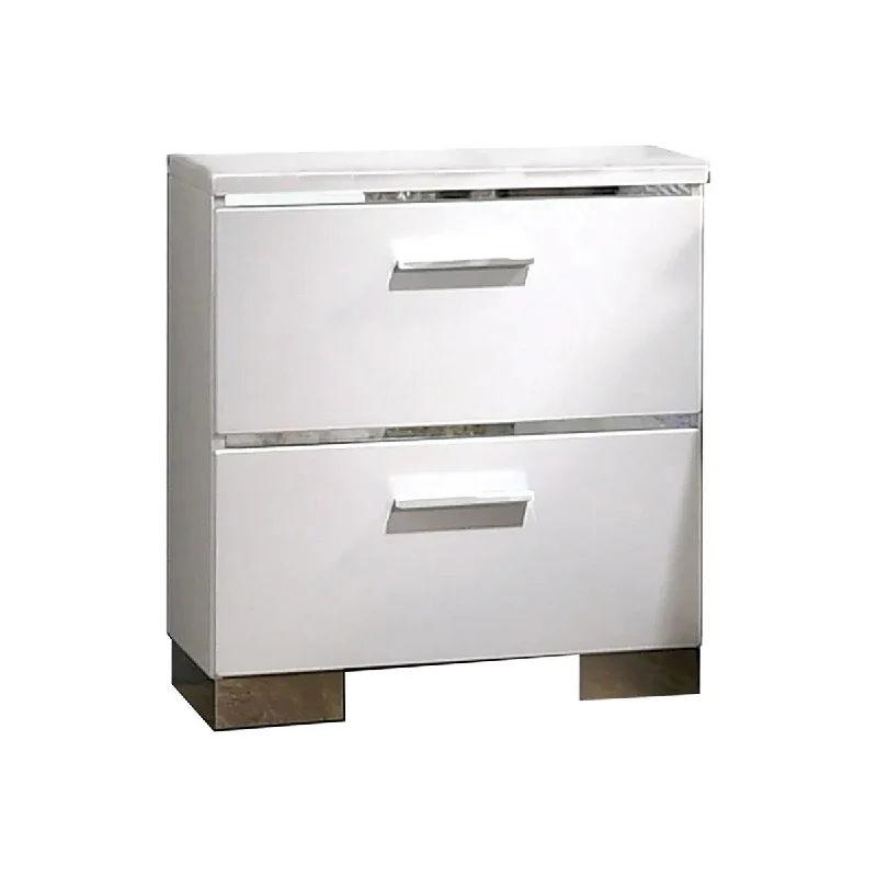 Hayle 26 Inch Nightstand, 2 Drawers, Chrome Accents, Solid White Wood