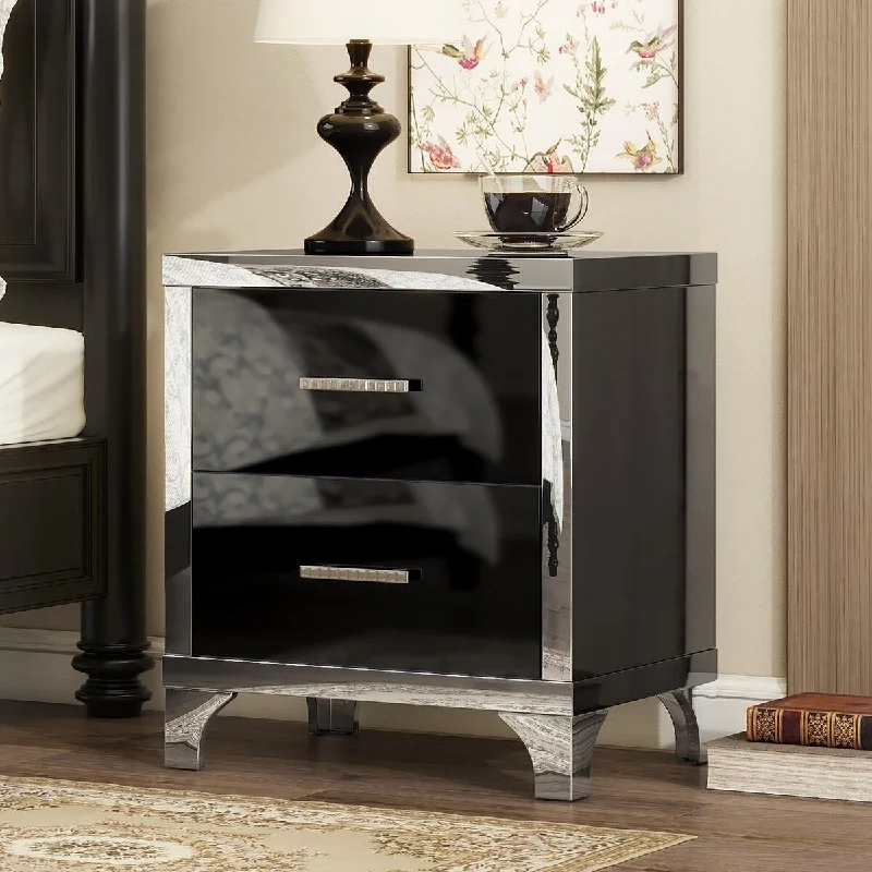 High Gloss Nightstand with Metal Handle