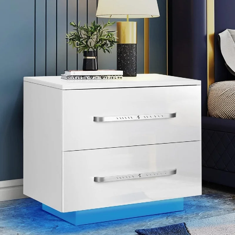 Hommpa Modern LED Nightstand End Side Table, 2 Drawers with Handle