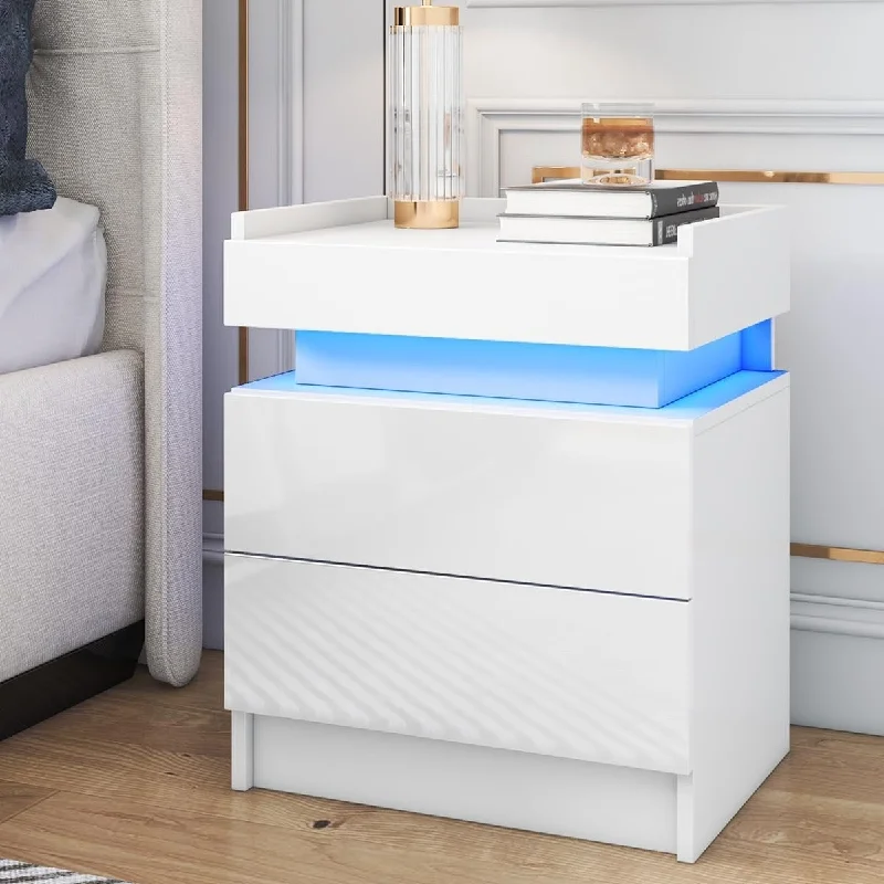 Hommpa Modern LED Nightstand with 2 Drawers and RGB LED Backlight White