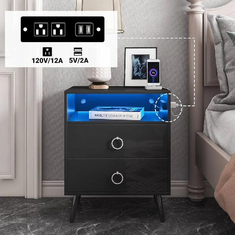 Hommpa Modern LED Nightstand with Charging Station 2 USB Ports 2 AC Outlets Black