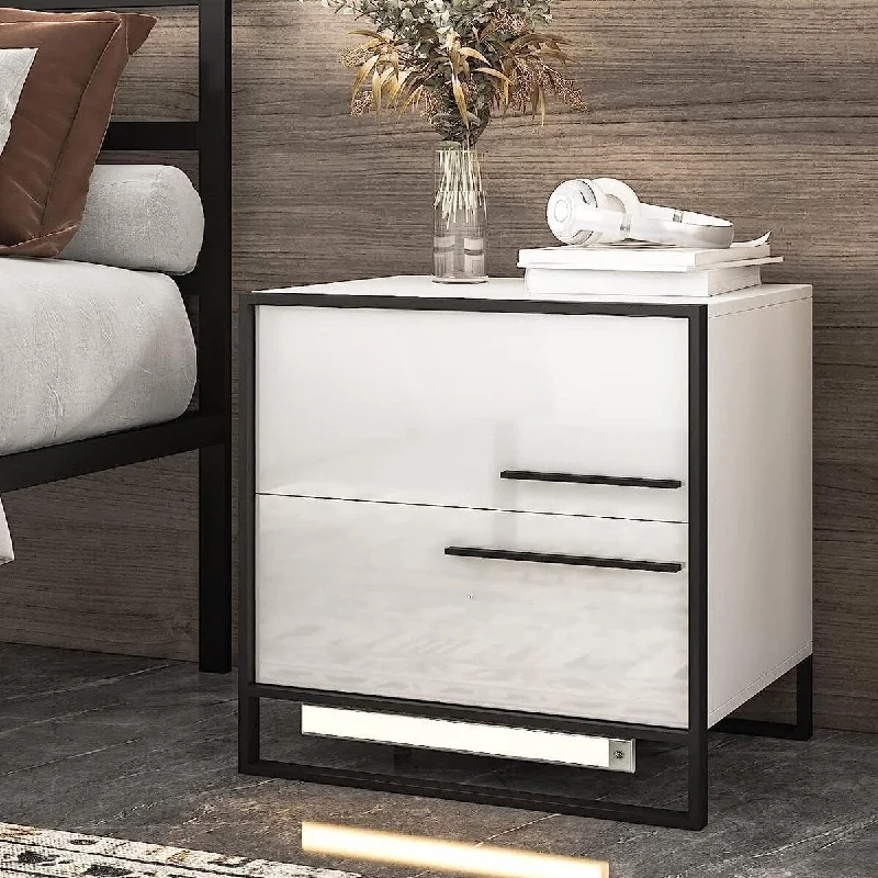 Hommpa Wireless Infrared Sensing Modern Nightstand with 2 Drawers and 3 Color Led Light White