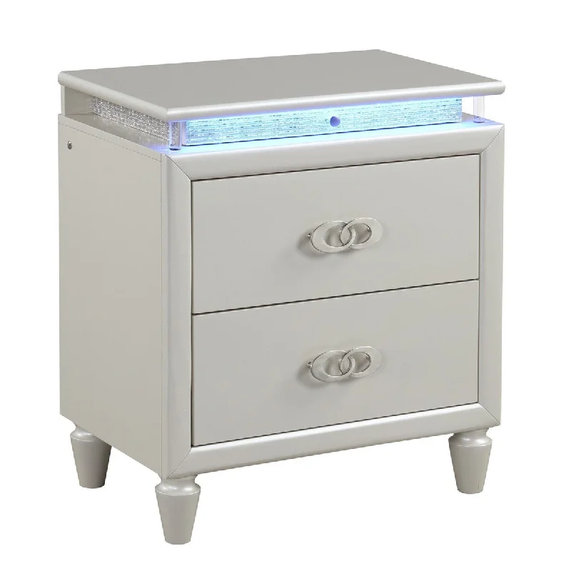 Hoye 31 Inch Modern 2 Drawer Nightstand with LED Lighting, Milky White Wood