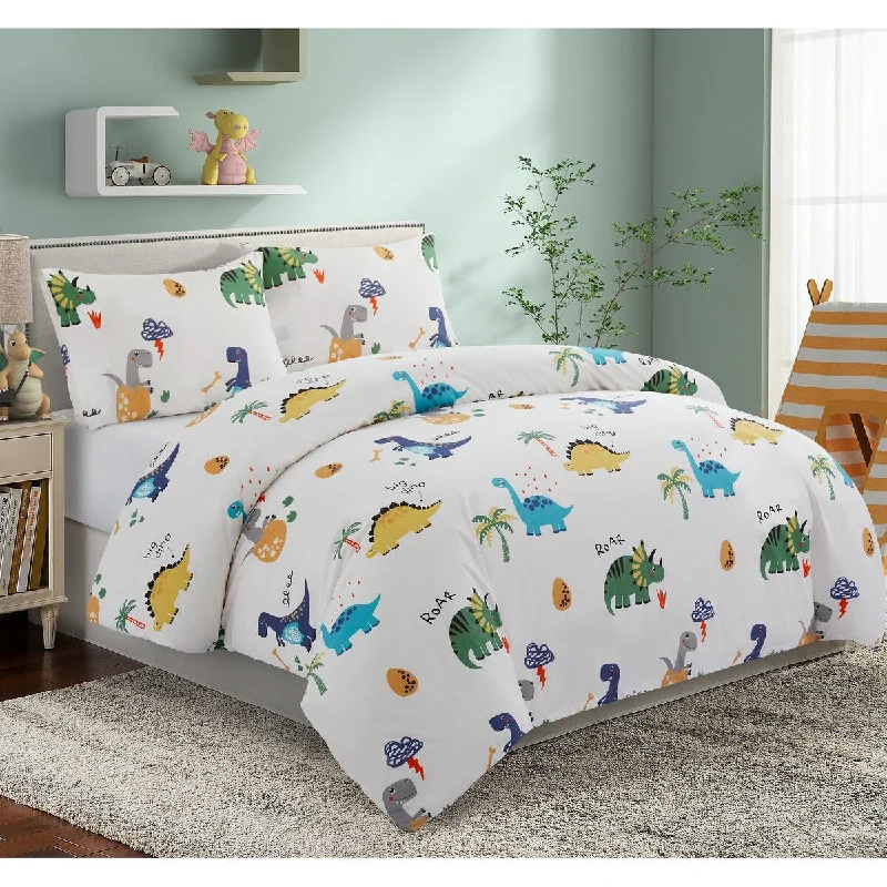 Kids Boys Printed 600 Thread Count Cotton Blend Percale Duvet Cover Set with Corner Tie and Zipper, Cartoon Dinosaur Zoo Dino