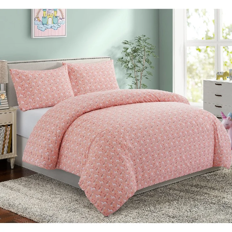 Kids Girls Printed 600 Thread Count Soft Cotton Blend Percale Duvet Cover Set with Corner Tie and Zipper, Pink Unicorn Rainbow