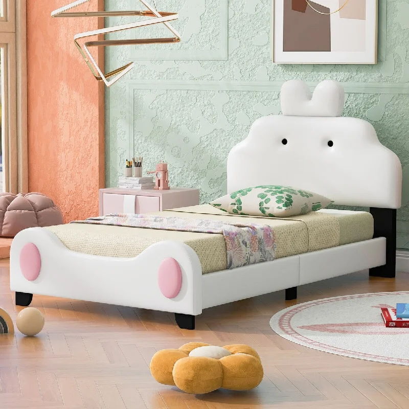 Kids Twin Upholstered Platform Bed Frame with Cute Headboard and Footboard, Wooden Cartoon Platform Bed for Small Living Spaces