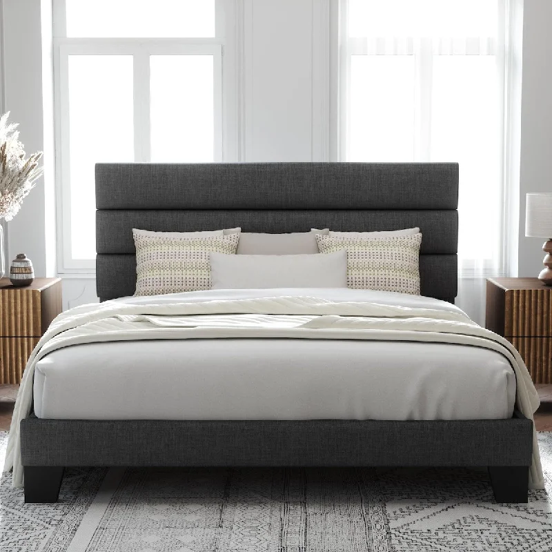 King Bed Frame Platform Bed w/ Upholstered Headboard & Slats Support, Fully Upholstered Mattress Foundation/No Box Spring Needed