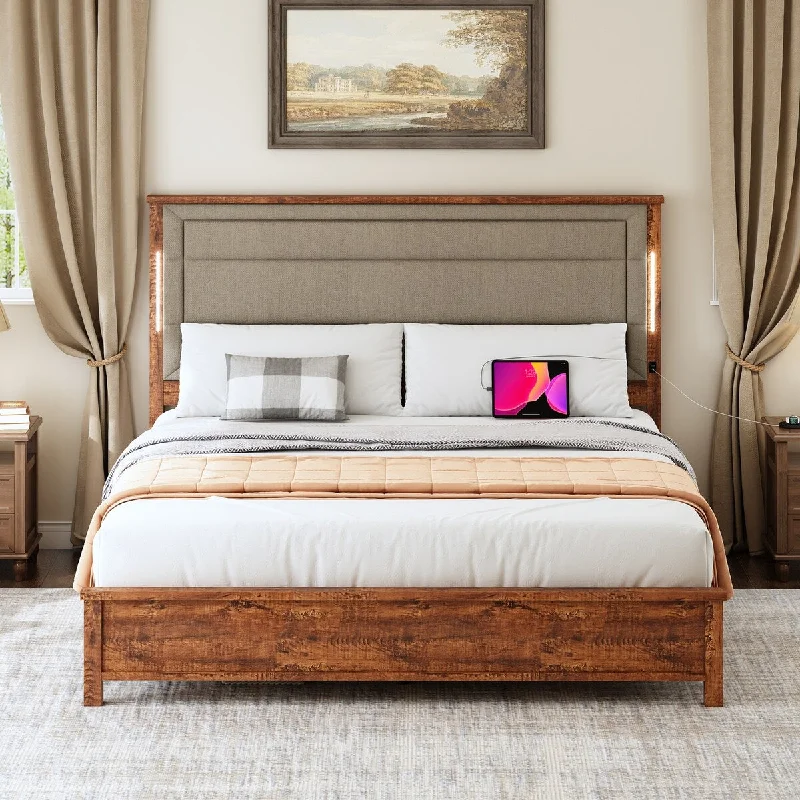 King Size Bed Frame with Upholstered Headboard and Wood Slats