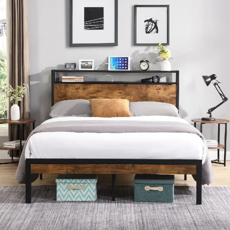 King Size Metal Platform Bed Frame with Wooden Headboard and FootboardM，No Box Spring Needed, Large Under Bed Storage