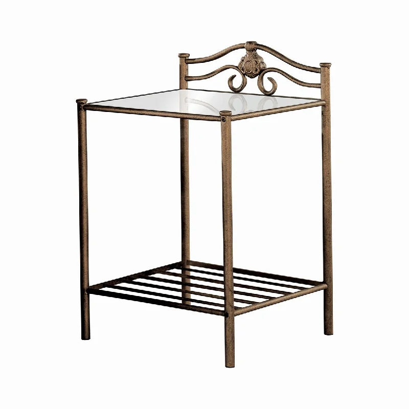 Kish 32 Inch 2 Shelf Nightstand, Tempered Glass Top, Brushed Antique Gold