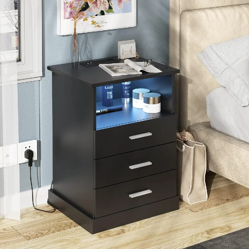 LED Nightstand with Charging Station Table with 3 Drawers 14.37"D x 16.54"W x 23.62"H