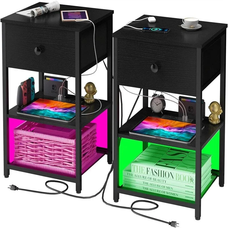 LED Nightstands Set of 2 with Charging Station